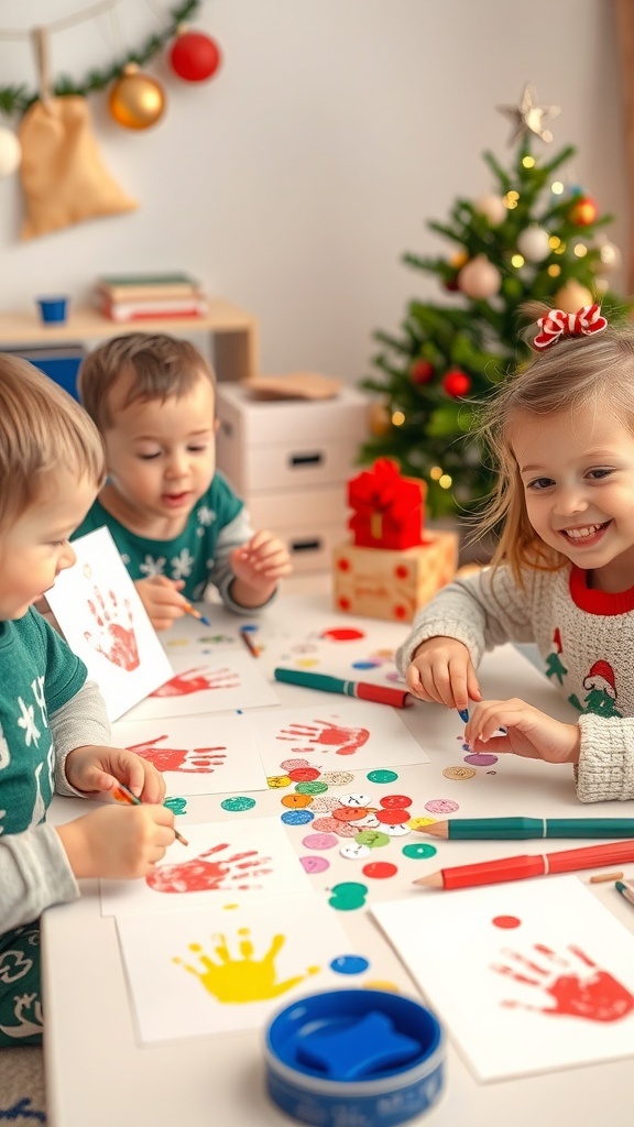 Toddlers making Christmas cards with colorful papers and decorations at a crafting table.